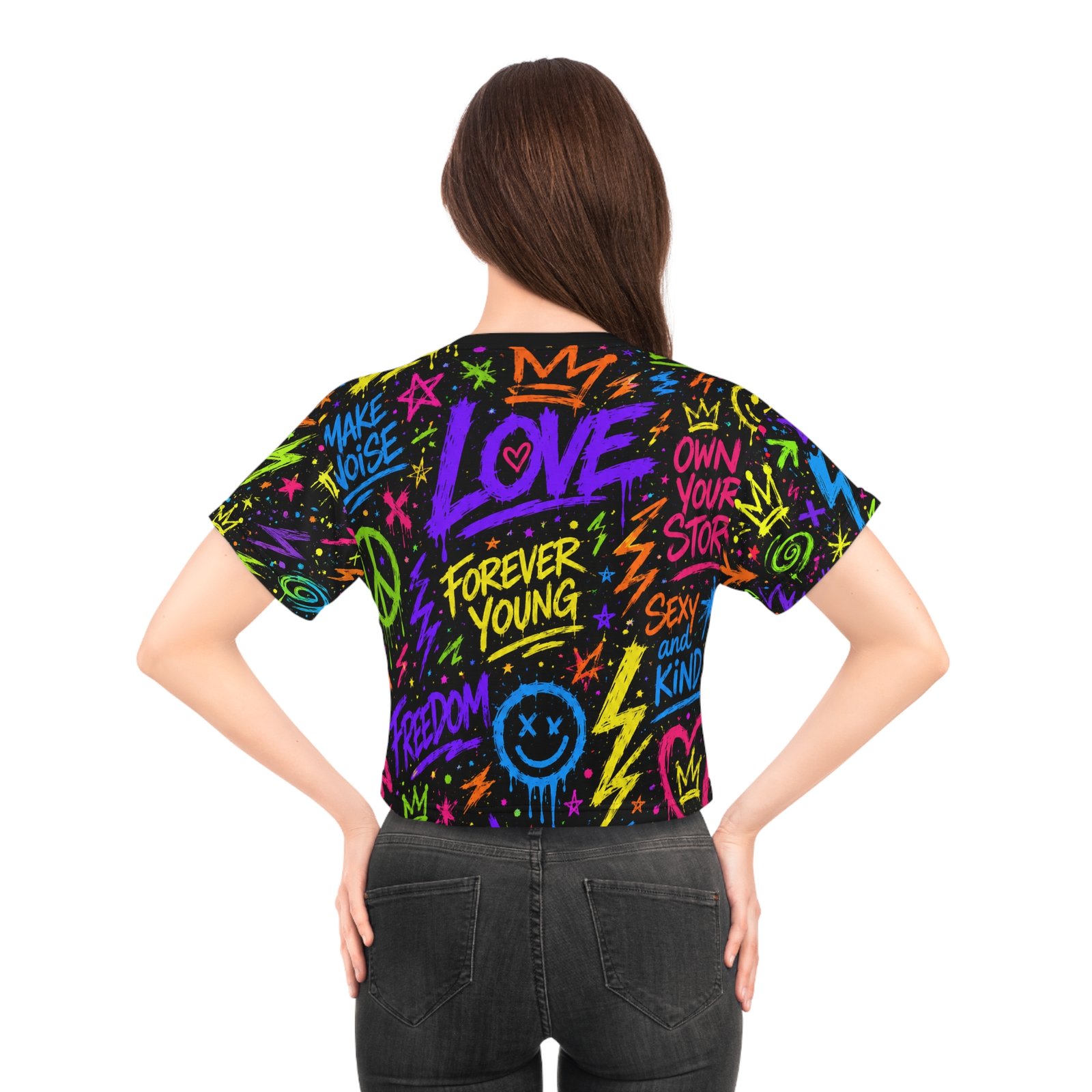 Graffiti Sexy and Kind Crop Tee — Neon Hustle, Love & Legend All-Over Print - Image 4
