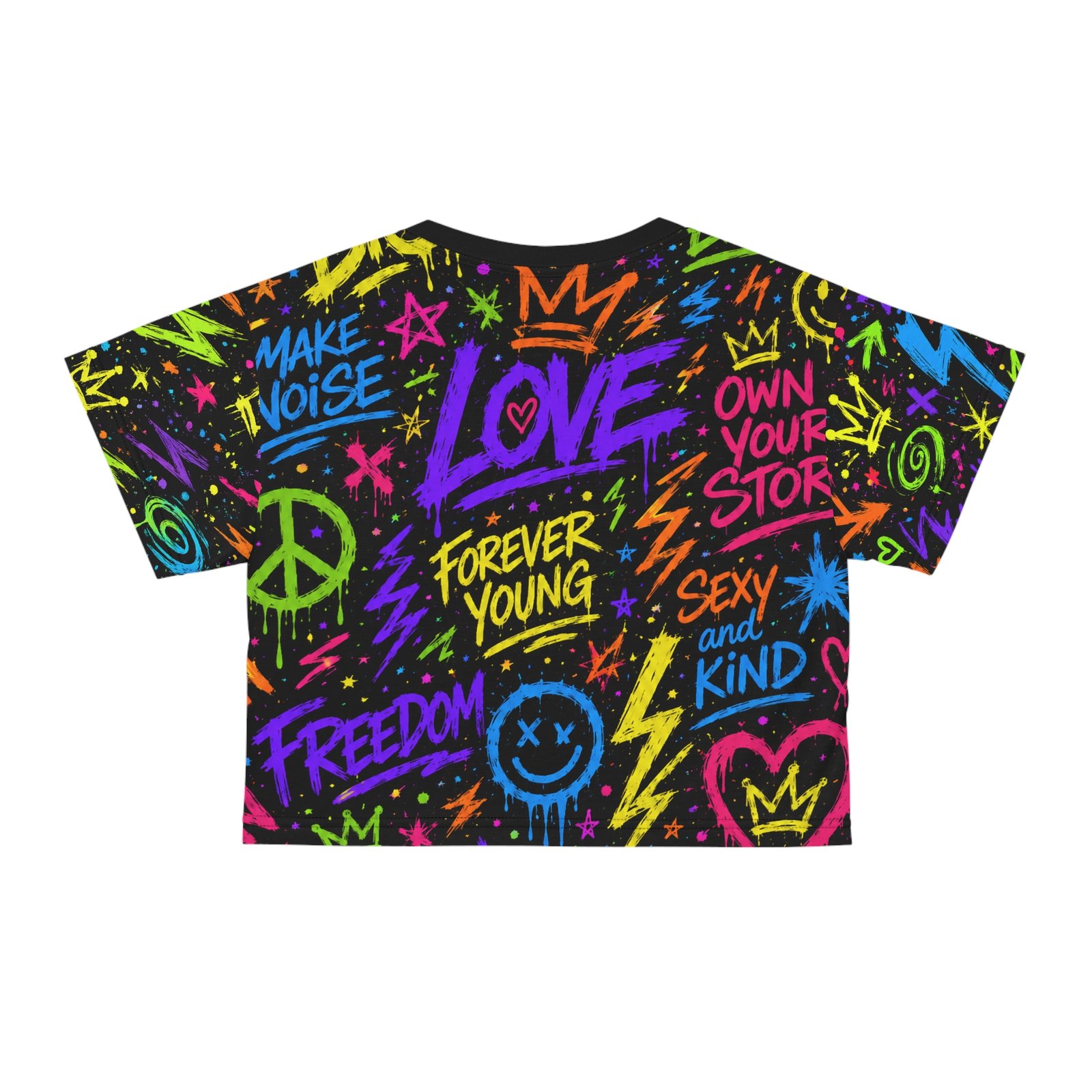Graffiti Sexy and Kind Crop Tee — Neon Hustle, Love & Legend All-Over Print - Image 2