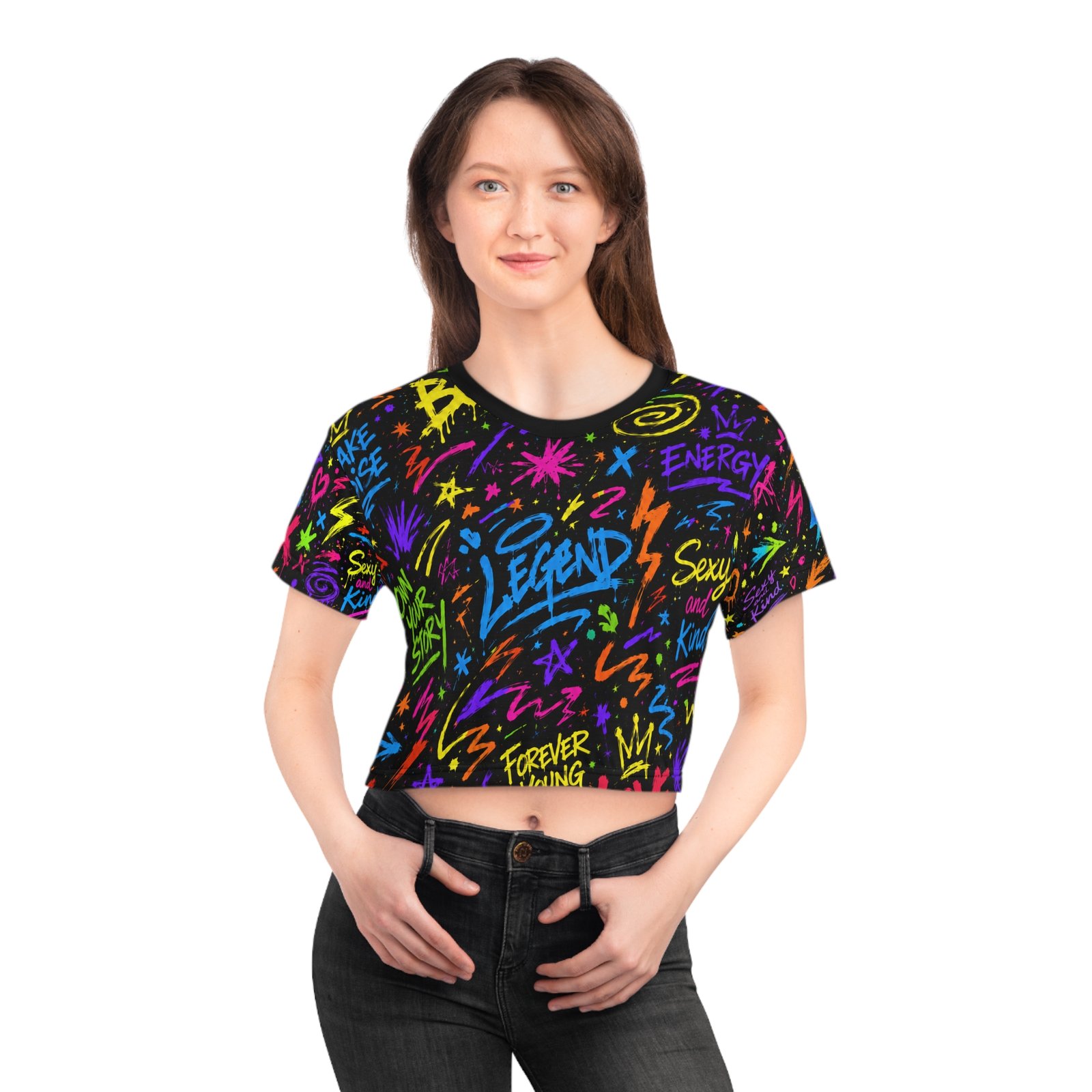 Graffiti Sexy and Kind Crop Tee — Neon Hustle, Love & Legend All-Over Print - Image 3